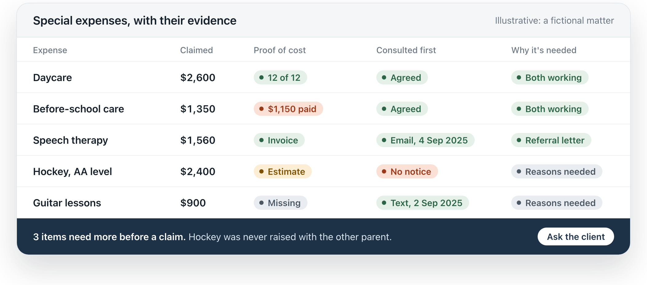 Special expenses table showing proof of cost, consultation and reasons for five expenses.